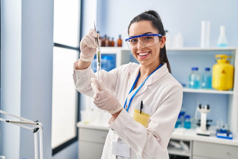 Lab Worker Girl Wearing Safety Glasses.